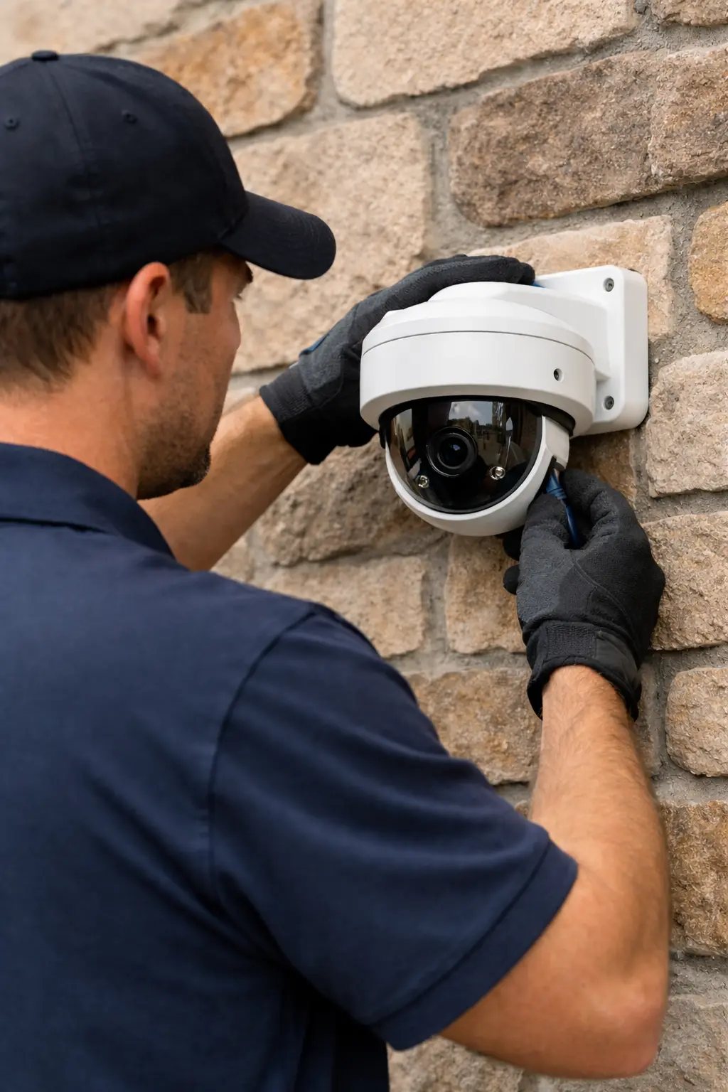 Technician installing a security camera on a finished residential exterior