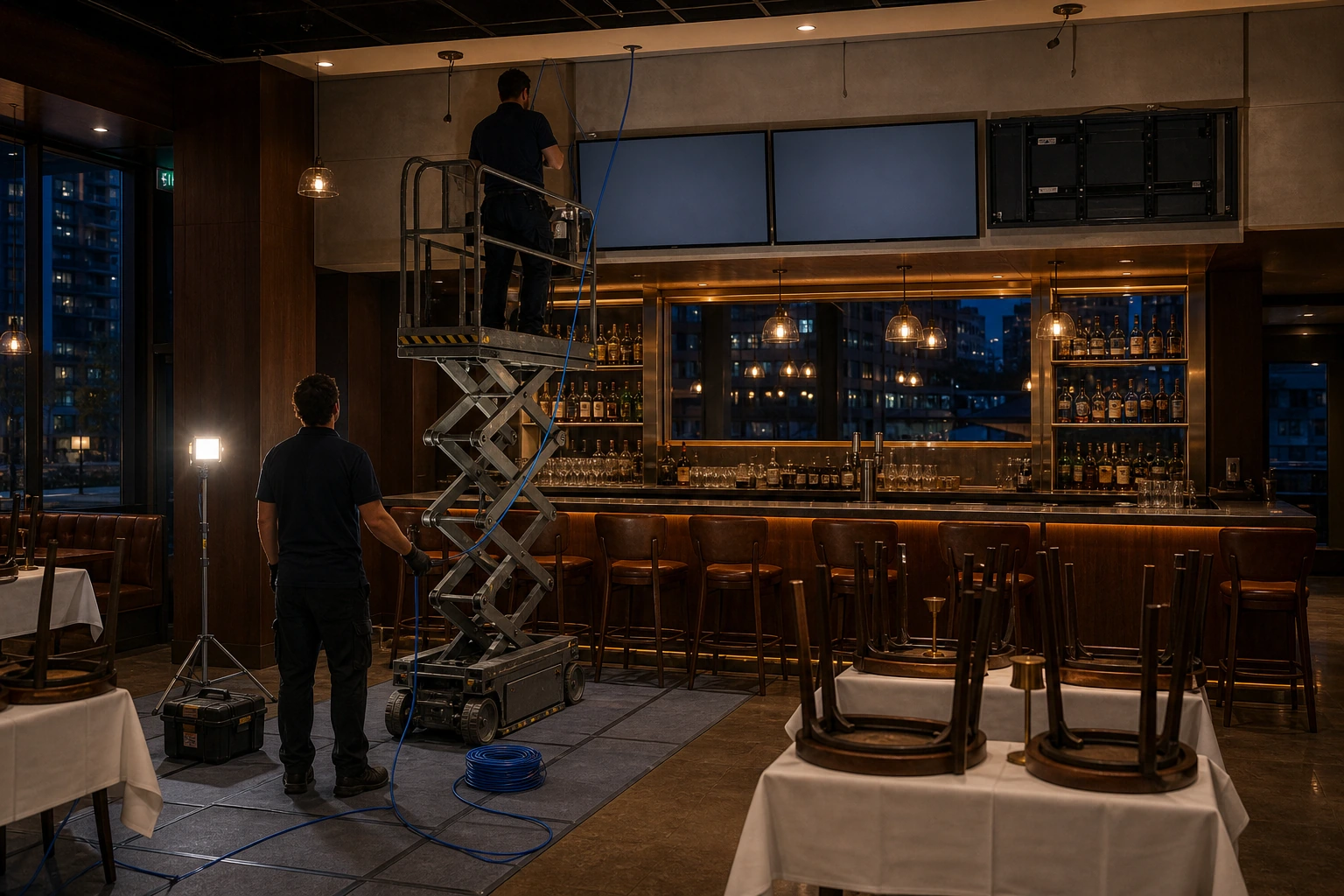 Overnight commercial TV install in a closed North York restaurant with a scissor lift positioned by the bar, the crew working under warm interior lighting, blue exterior twilight visible through the front windows