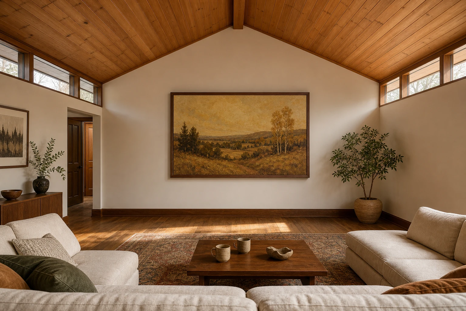 Aurora Highlands 1960s ranch bungalow living room with vaulted ceiling rising to a low-pitched gable, a 55-inch Samsung Frame TV mounted flush on the gable wall above a deep sectional, warm afternoon daylight through clerestory windows