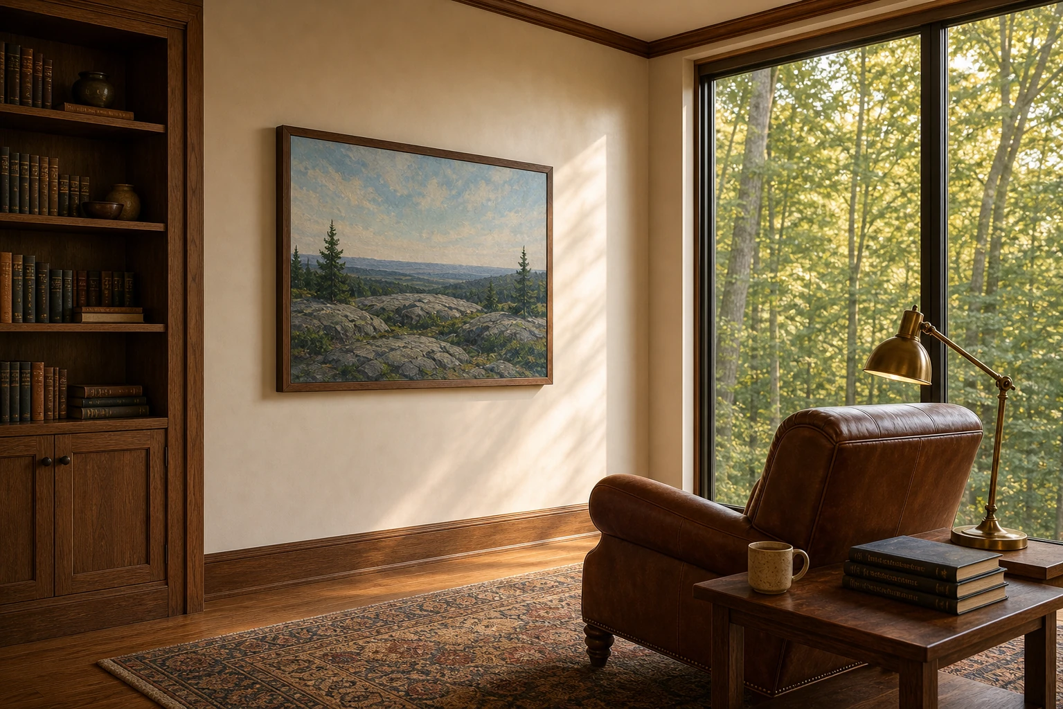 Hills of St. Andrew principal-floor library in Aurora with the Samsung Frame TV running Art Mode on the perpendicular partition wall opposite the east-facing ravine glass, screen reading as a framed painting from the leather reading chair