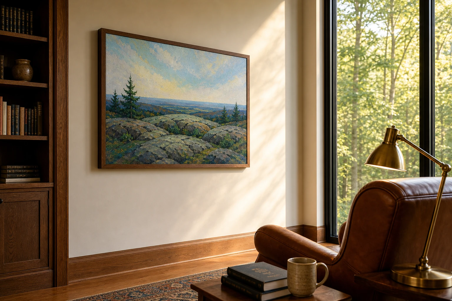 Aurora Hills of St. Andrew principal-floor library with morning canopy-filtered daylight through east-facing ravine glass, Samsung Frame TV reading as a framed painting on the perpendicular partition wall