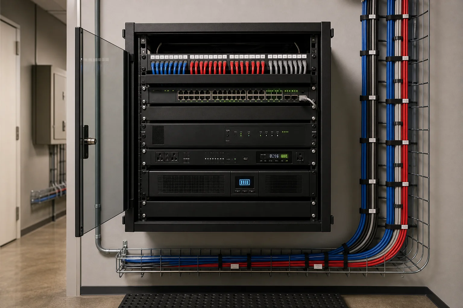 Back-of-office IT room in an Etobicoke corporate office with a wall-mounted network and AV equipment cabinet showing a managed PoE switch, structured cabling to room devices, a Biamp Tesira DSP, a UPS, and tidy labelled patching with cable management