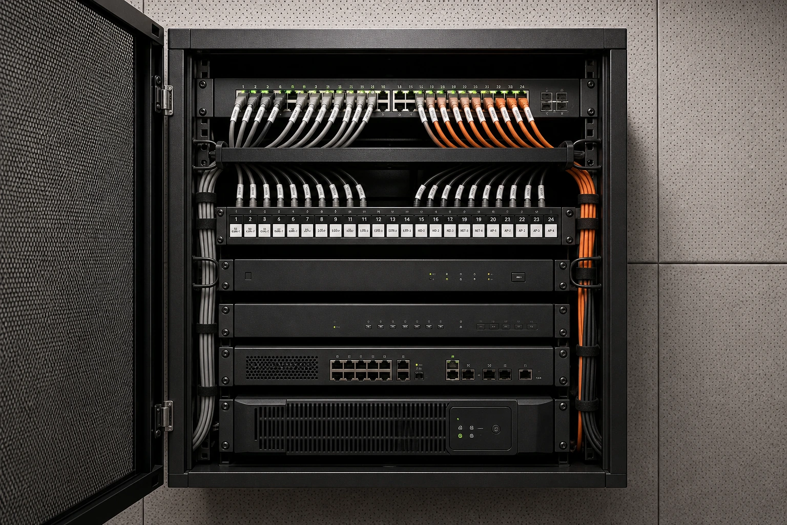Back-of-office IT room in a Markham tech-corridor corporate office with a wall-mounted network and AV equipment cabinet showing a managed PoE switch, structured cabling to room devices, a Biamp Tesira DSP, a UPS, and neatly labelled patching with cable management