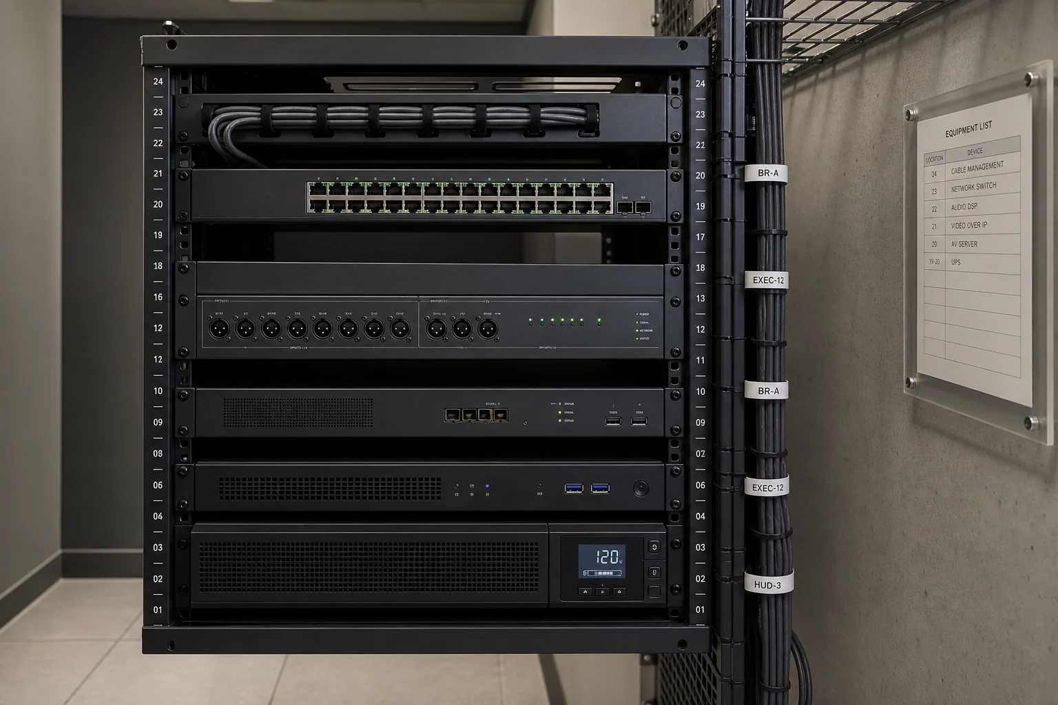 Back-of-office IT room in a Mississauga corporate office with a wall-mounted network and AV equipment cabinet showing a managed PoE switch, structured cabling to room devices, a Biamp Tesira DSP, a UPS, and tidy labelled patching with cable management