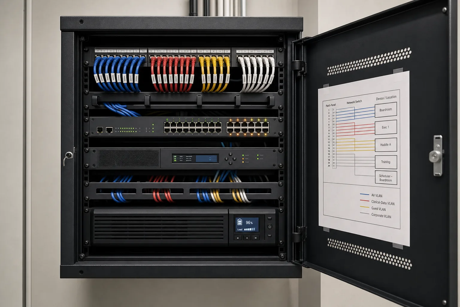 Back-of-office IT room in a Richmond Hill professional-services tenant with a wall-mounted network and AV equipment cabinet showing a managed PoE switch, structured cabling, a Biamp Tesira DSP, a UPS, and tidy labelled patching