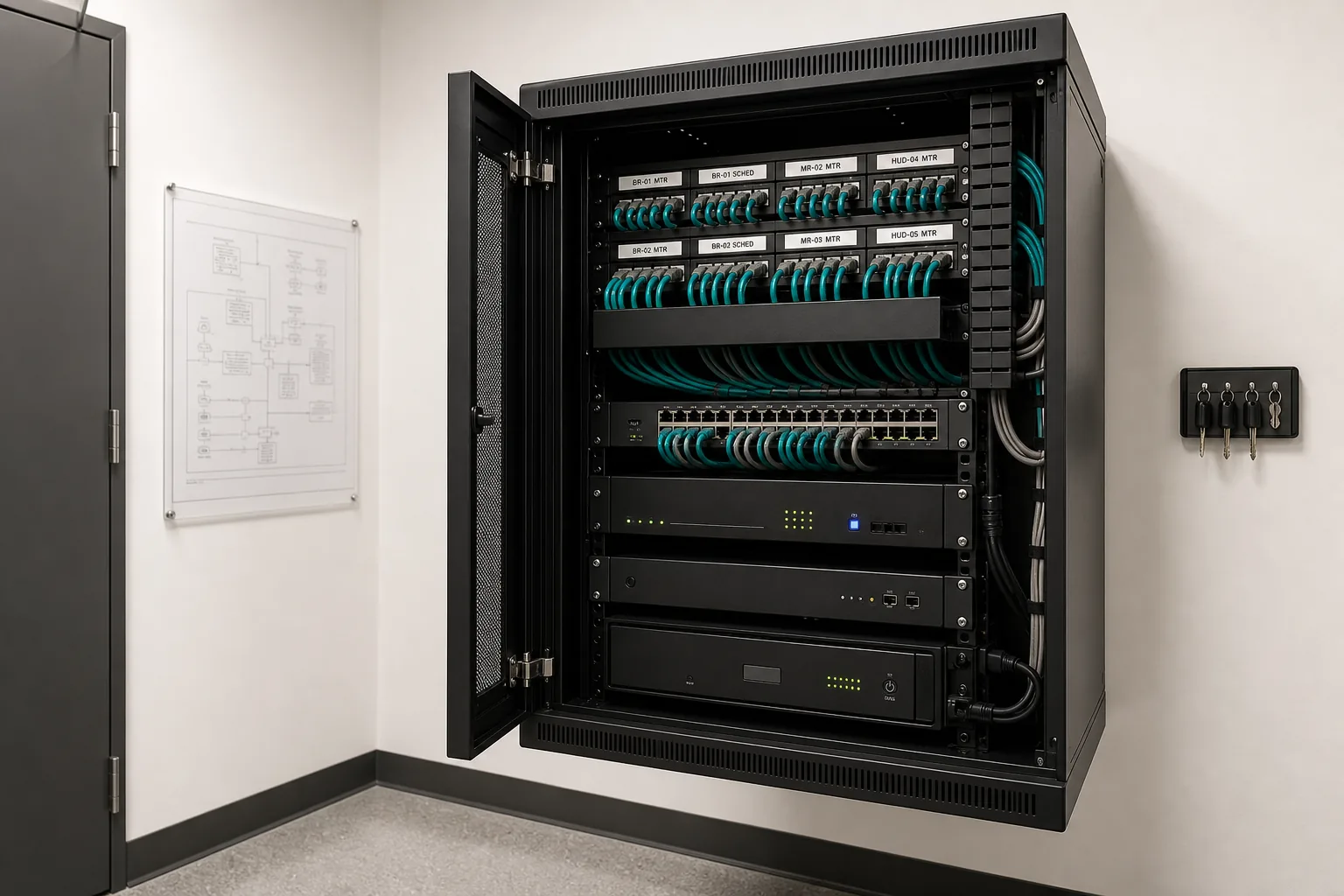 Back-of-office IT room in a Vaughan VMC or Concord office with a wall-mounted network and AV equipment cabinet showing a managed PoE switch, structured cabling to room devices, a Biamp Tesira DSP, and neatly labelled patching