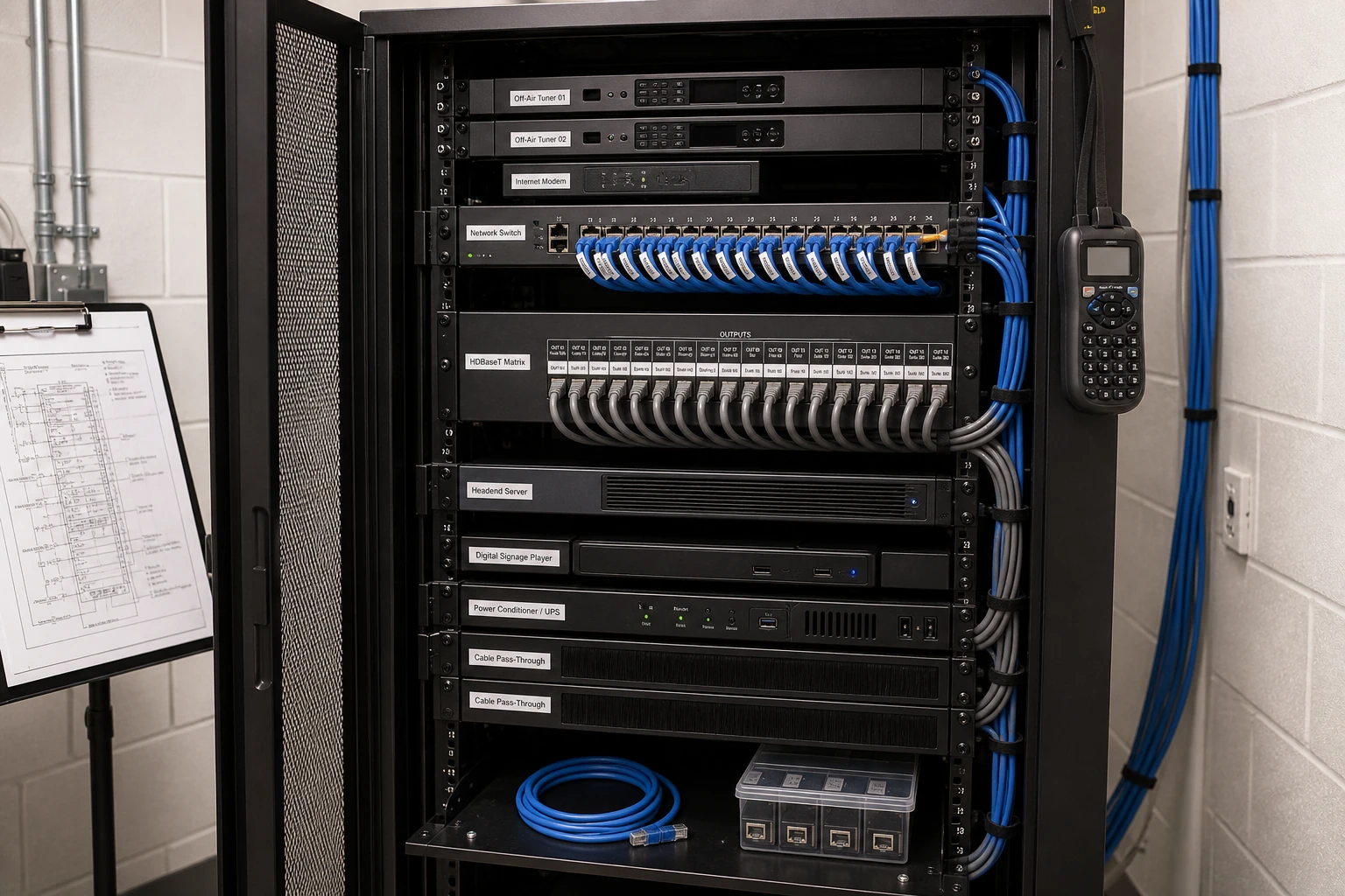 Back-of-house AV rack room at an Etobicoke airport hotel showing a tidy 24U rack with HDBaseT matrix, hospitality headend, Pro:Centric server, BrightSign player, network switching, and labelled cable terminations
