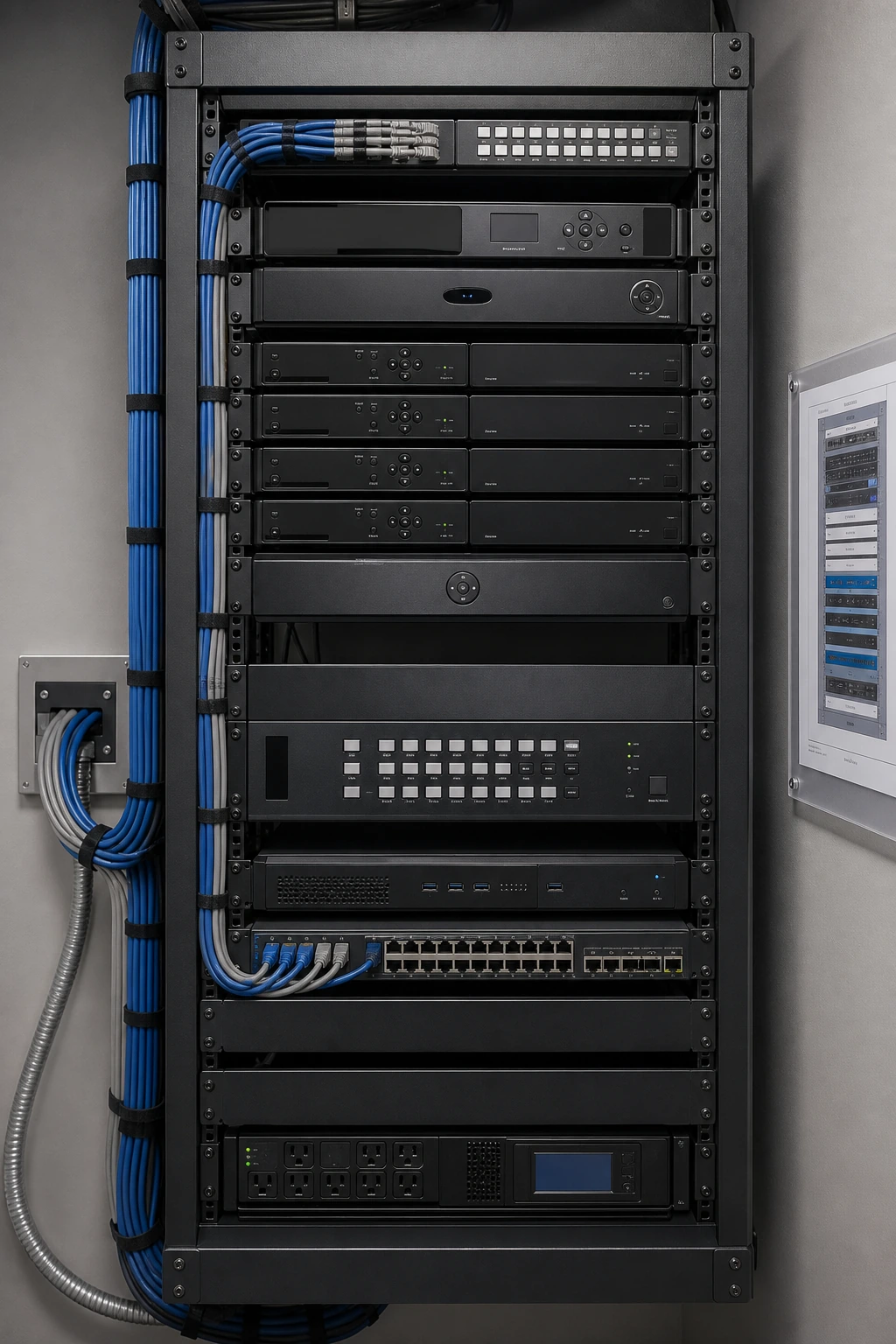 Back-of-house AV rack room in a North York sports bar showing a tidy 20U rack with HDBaseT matrix, satellite receivers, BrightSign player, network switch, and labelled cable terminations