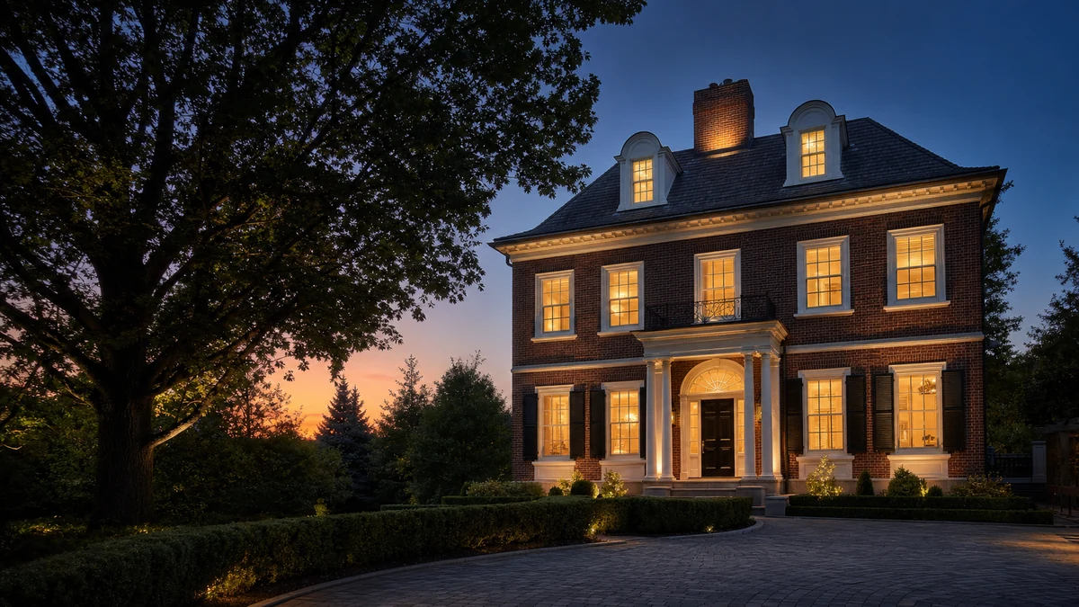 Large Bayview Hill Georgian Revival estate home exterior at evening with warm interior lighting visible through tall double-hung windows, mature trees framing the brick facade