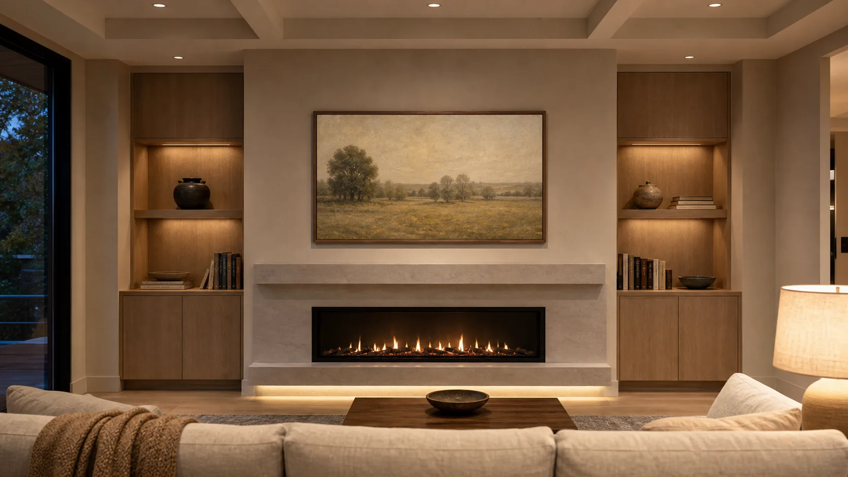 Finished Bayview Village family room with a 65-inch Samsung Frame TV mounted flush above a honed limestone gas-fireplace surround, screen showing a soft impressionist landscape on Art Mode, warm evening lighting