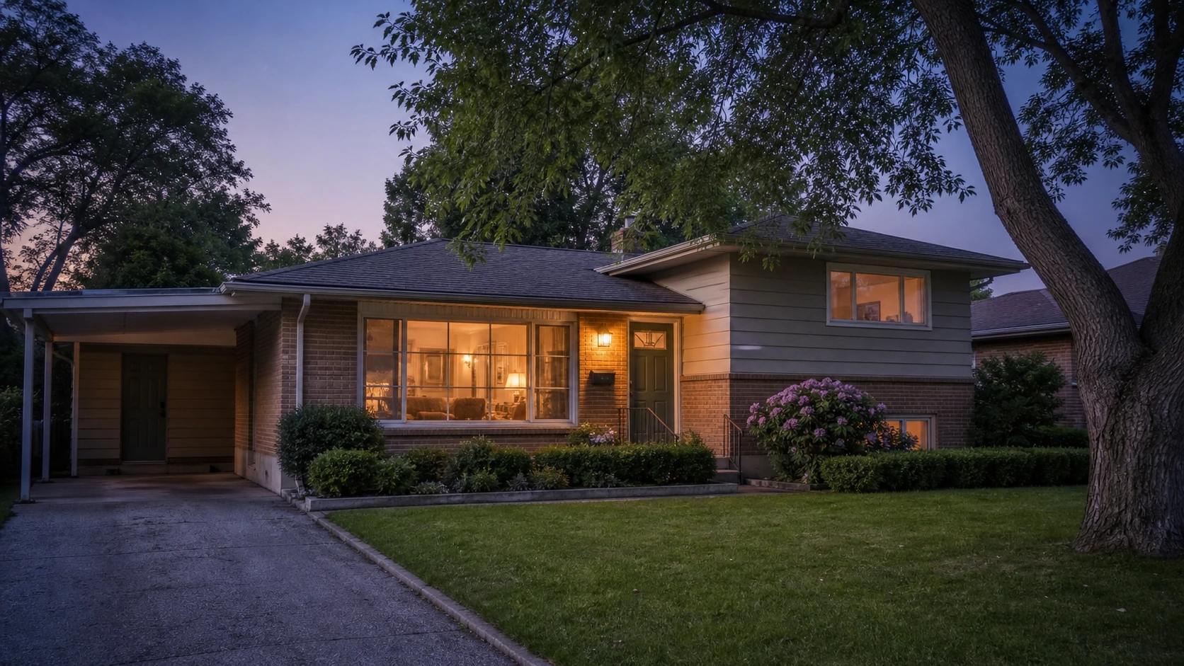 Mid-century Bayview Village split-level bungalow at evening with warm interior lighting visible through the original picture window, brick and clapboard facade, mature trees framing the property