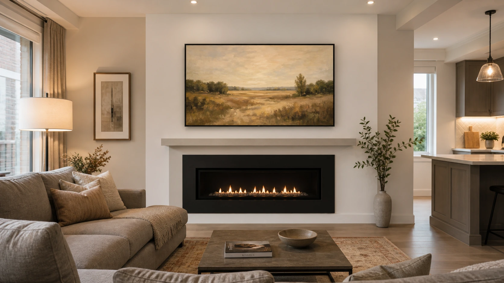Berczy Village 2000s builder-detached family great room with a 65-inch Samsung Frame TV mounted flush above a modern direct-vent gas fireplace, Modern matte-black bezel, Art Mode showing a soft landscape, fresh white drywall feature wall, warm rift-cut oak floor, family-sized sectional sofa, 9-foot ceiling