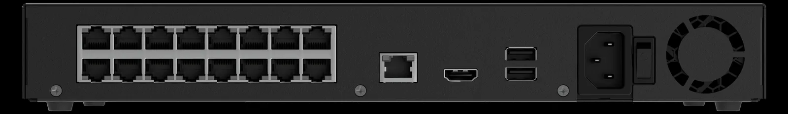 Rear panel of an Ajax Superior NVR showing a row of sixteen square RJ45 PoE network ports, a gigabit Ethernet port, 4K HDMI output, two USB ports and the power inlet