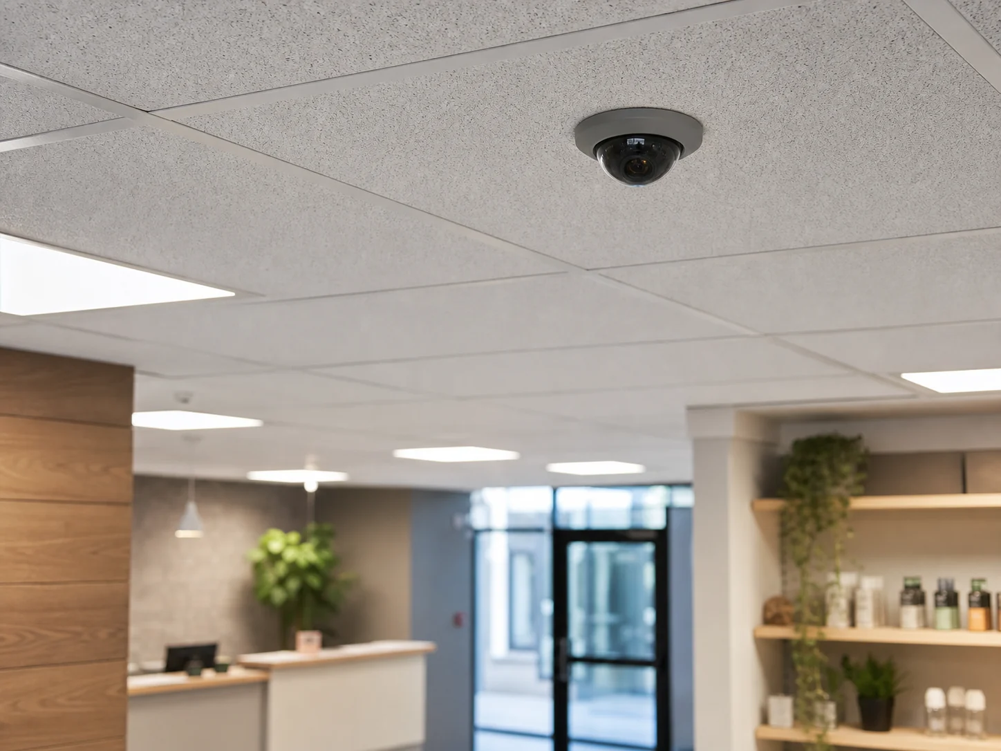 Commercial ceiling-mounted security camera for small business surveillance coverage