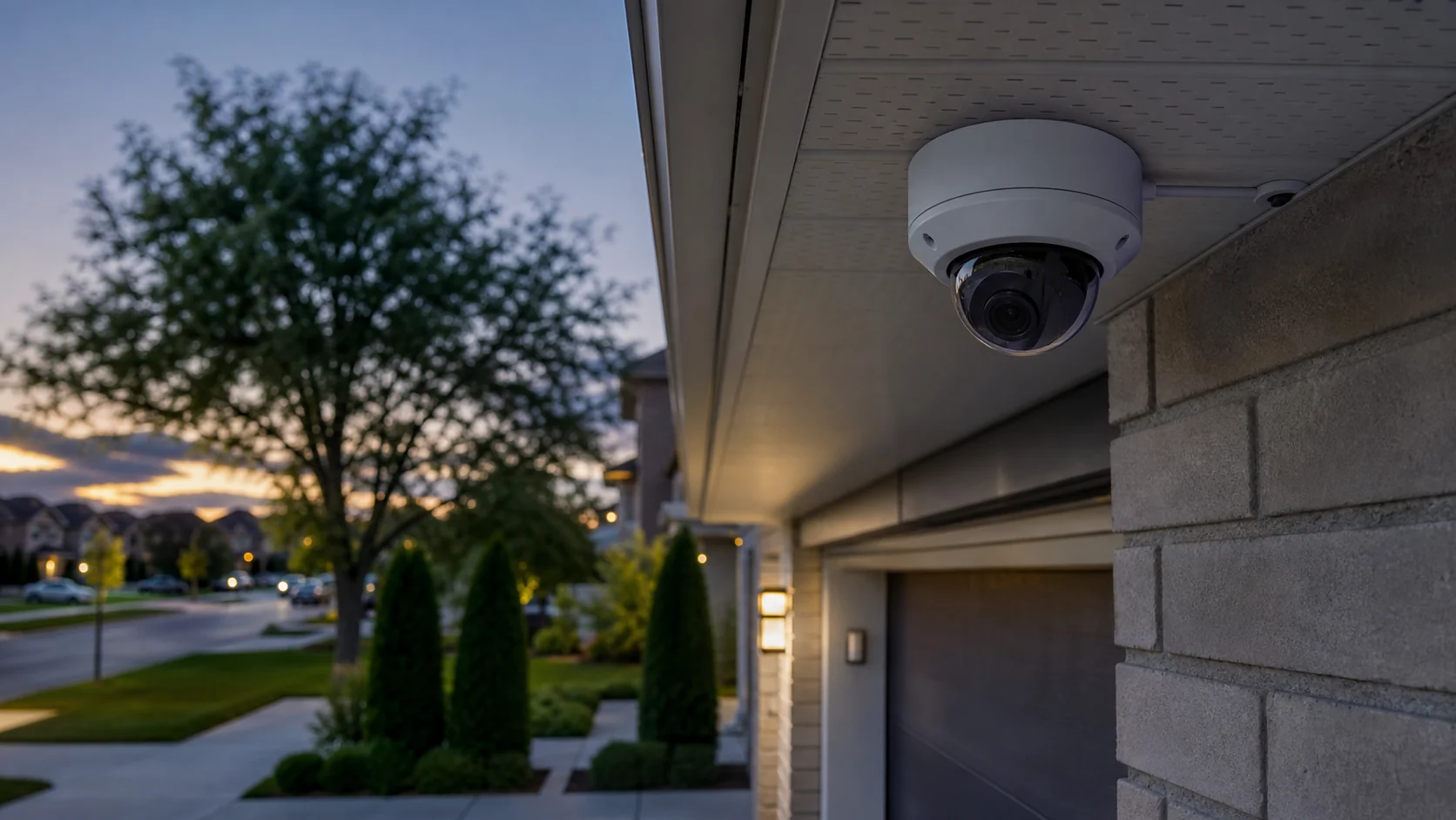 Wired security camera mounted under a residential soffit for UniFi Protect-style coverage