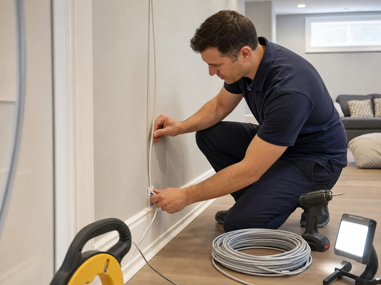 Cat6 cable being routed for a wired PoE security camera installation