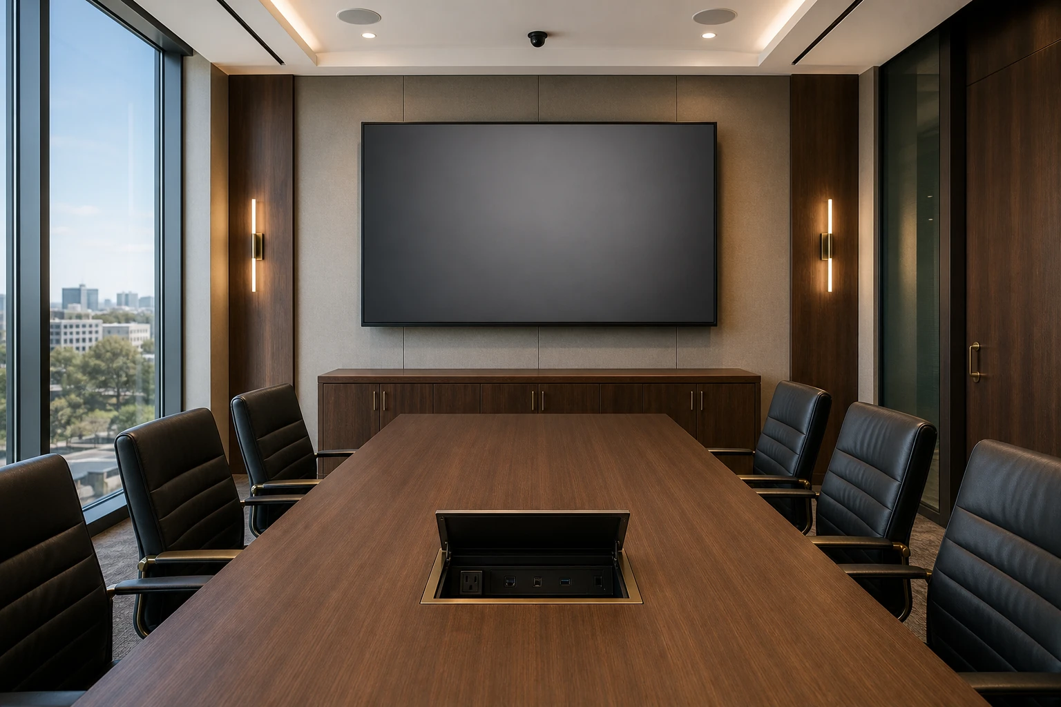 Executive meeting room in the Six Points and Etobicoke Civic Centre area with an 85-inch commercial display on a feature wall, table-box AV integrated in the conference table, ceiling speakers, daylight through the floor-to-ceiling windows
