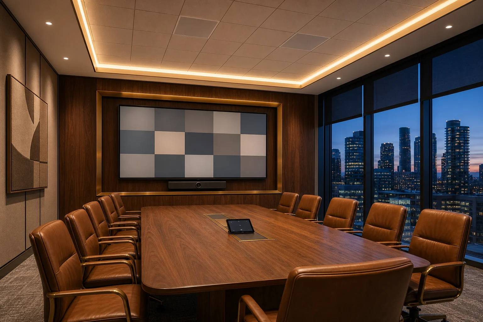 Mississauga boardroom showing Shure MXA920 ceiling microphone tiles in the acoustic ceiling, a Logitech Rally Bar Pro at the front below a 98-inch commercial display, ten leather chairs around a walnut conference table, fabric-wrapped acoustic wall panels in warm grey, evening view across Mississauga City Centre through the windows