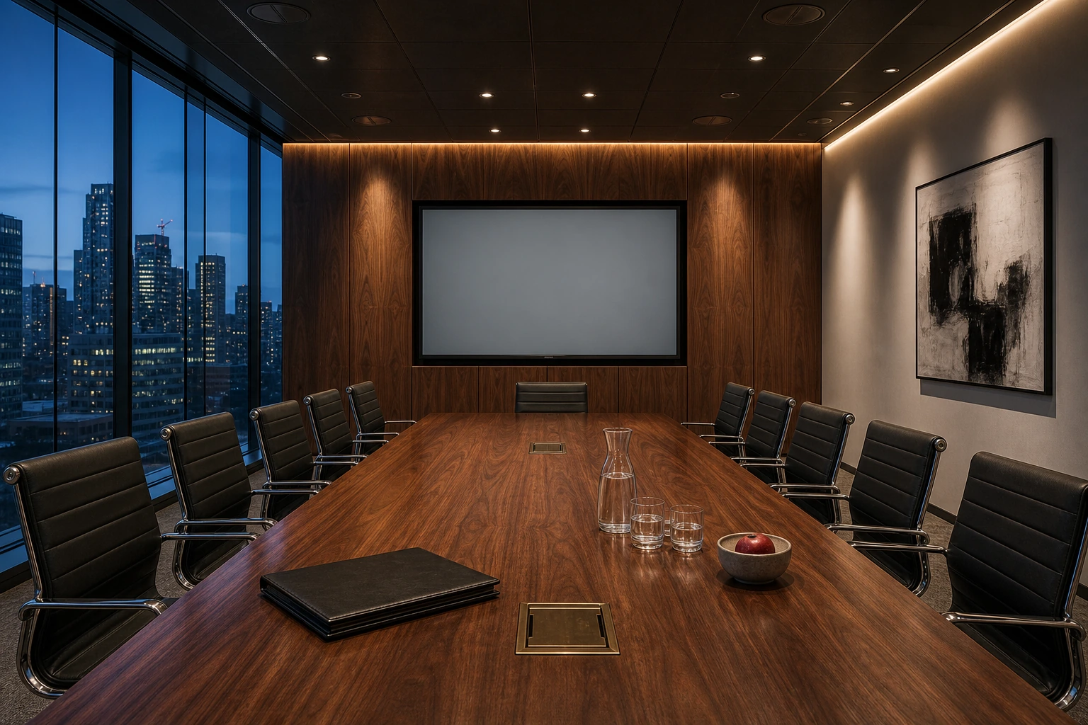 Executive boardroom in a North York Centre office tower with an 85-inch commercial display on a walnut feature wall, integrated table-box AV in the conference table, ceiling speakers visible, evening city view through the floor-to-ceiling glass
