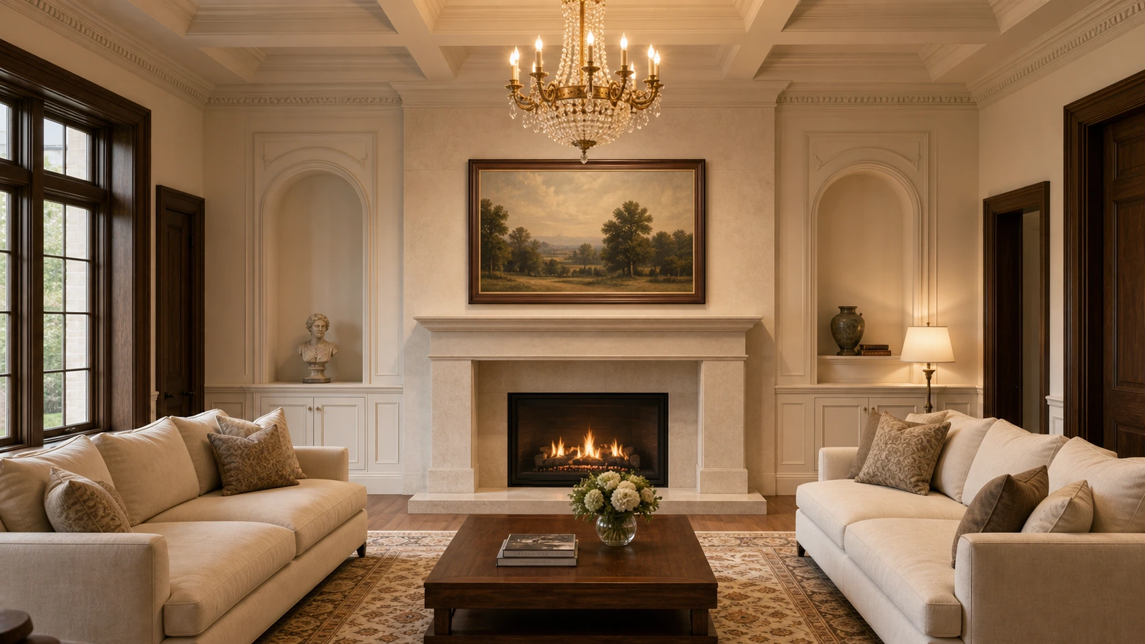 Cathedraltown principal-floor great room with deep Georgian crown moulding, formal wainscotting, dark-stained door trim, and a limestone gas fireplace surround; a 65-inch Samsung Frame TV mounted flush above the mantel with a Beveled walnut bezel, Art Mode displaying a soft Georgian-era English landscape painting