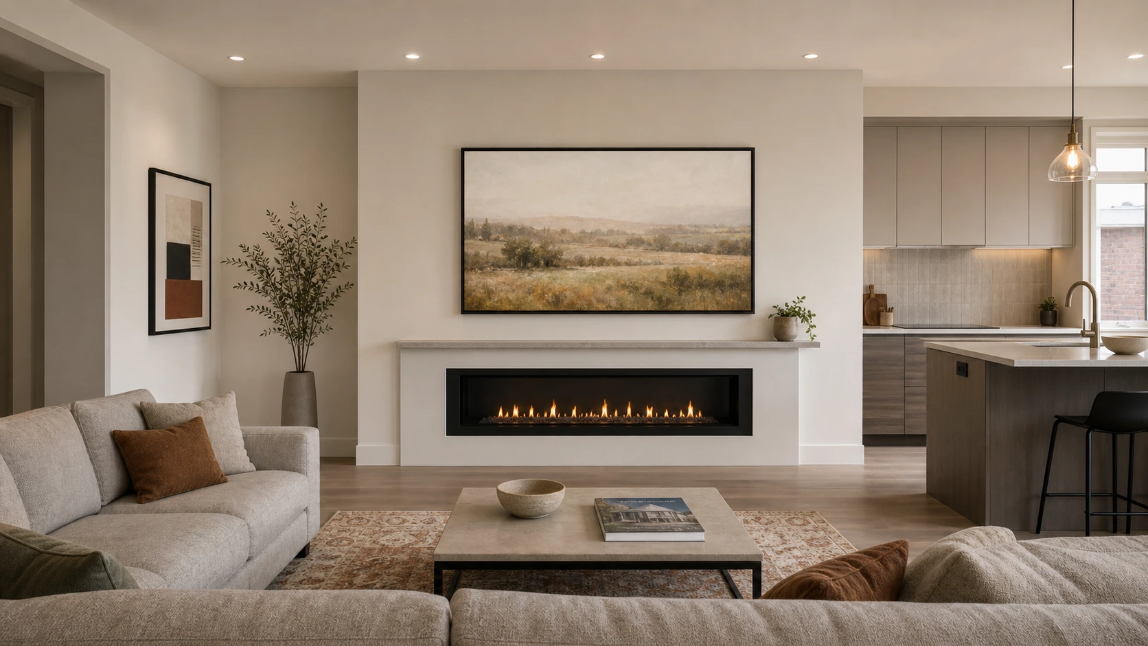 Churchill Meadows 2000s builder-detached family great room with a flatter 9-to-10-foot ceiling, a 65-inch Samsung Frame TV mounted flush above a modern direct-vent gas fireplace, Modern matte-black bezel, Art Mode showing a soft landscape, fresh white drywall feature wall, warm engineered-oak floor, family-sized sectional sofa