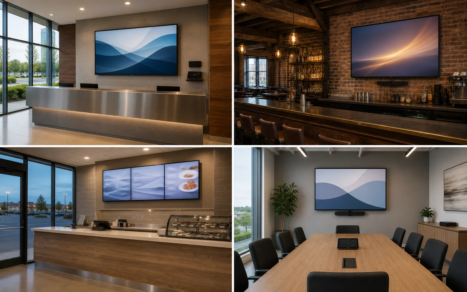 Composite of typical Aurora commercial TV installs across Magna Drive head-office lobby, Yonge & Wellington heritage restaurant, SmartCentres Aurora North tenant, and Wellington East Business Centre suite