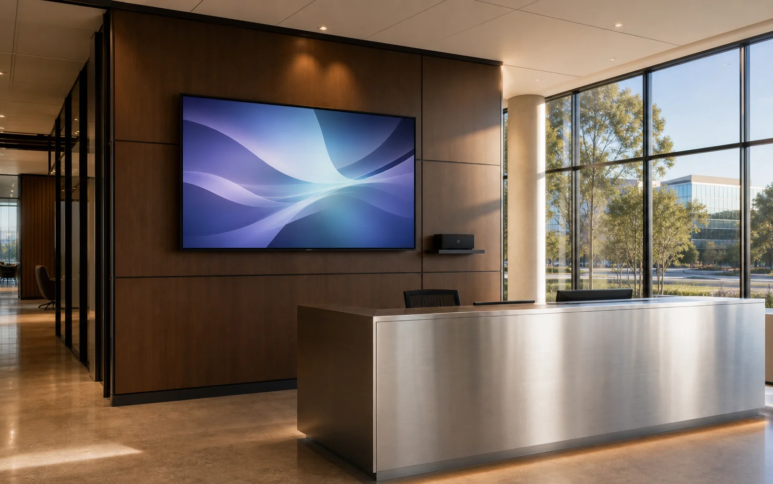 Large commercial LCD display in a Magna Drive corporate lobby in Aurora with brushed aluminium reception desk and afternoon glazing