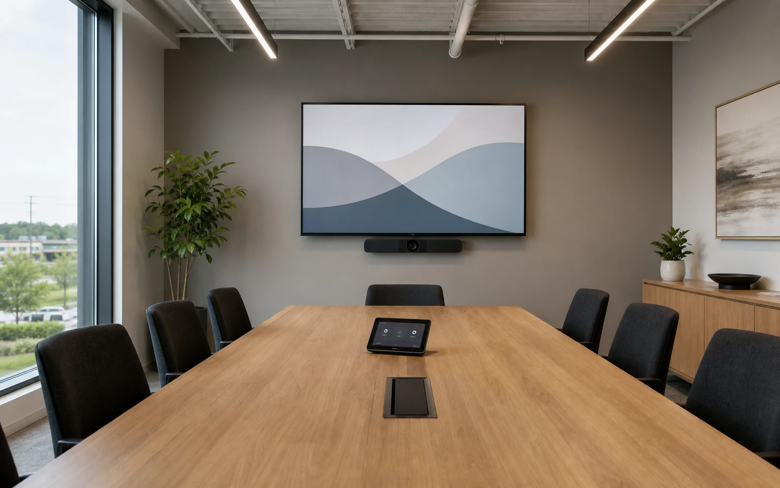 Boardroom commercial display inside a Wellington East Business Centre office condominium suite in Aurora with a Teams Rooms camera bar and conference table