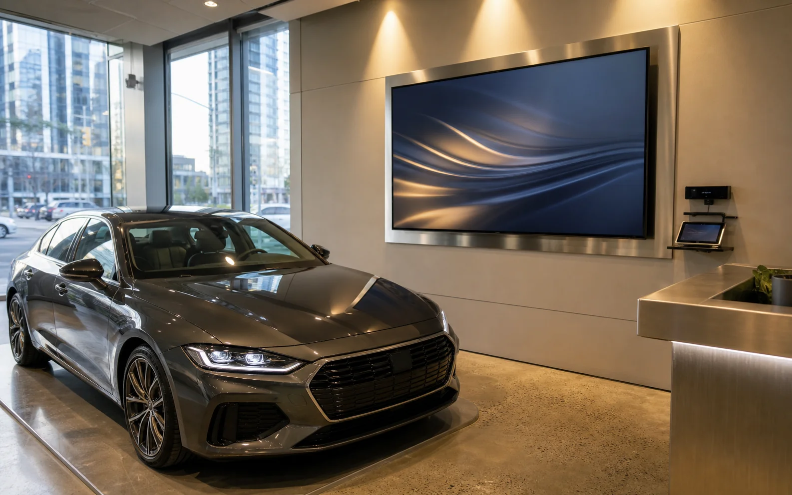 Large commercial LCD feature wall above a luxury vehicle inside a Yonge Street Aurora dealership showroom with afternoon glazing