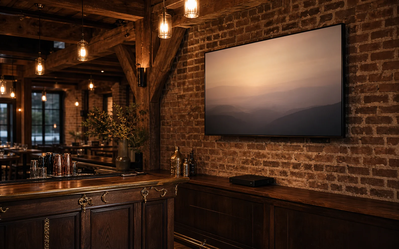 Commercial display mounted inside a heritage-brick restaurant on Yonge Street in downtown Aurora with exposed timber beams and warm pendant lighting