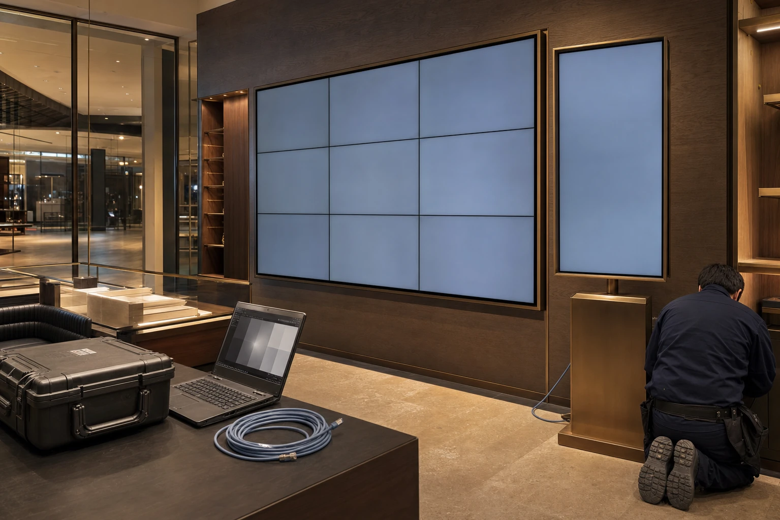 CF Sherway Gardens flagship retail tenant build-out with a feature-wall video wall partially installed, commercial-grade mounting structure visible, brushed-metal millwork and luxury retail fixtures around it