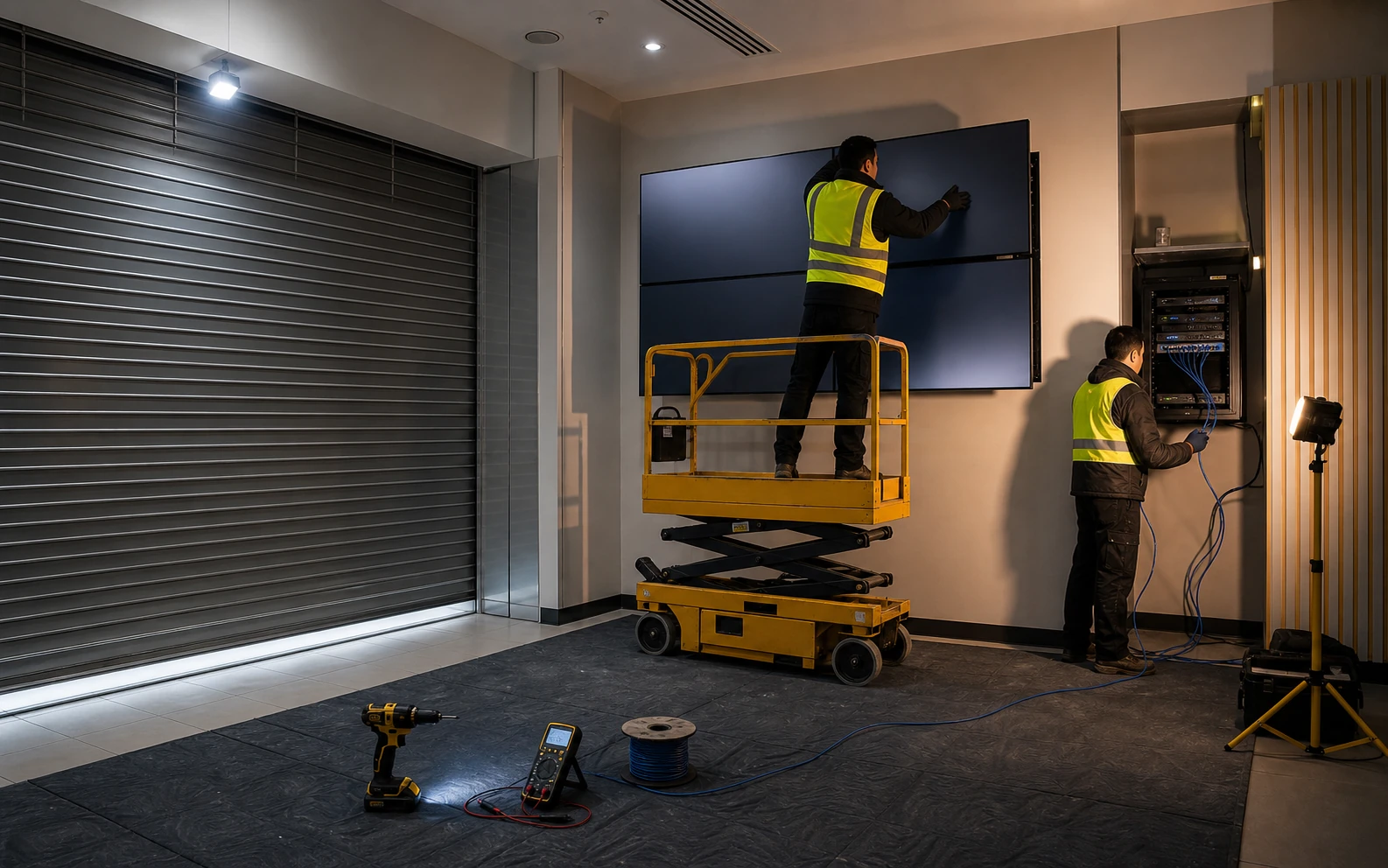 Overnight commercial TV install at a Highway 7 Markham mall storefront with a scissor lift and two installers commissioning a video wall behind closed mall shutters