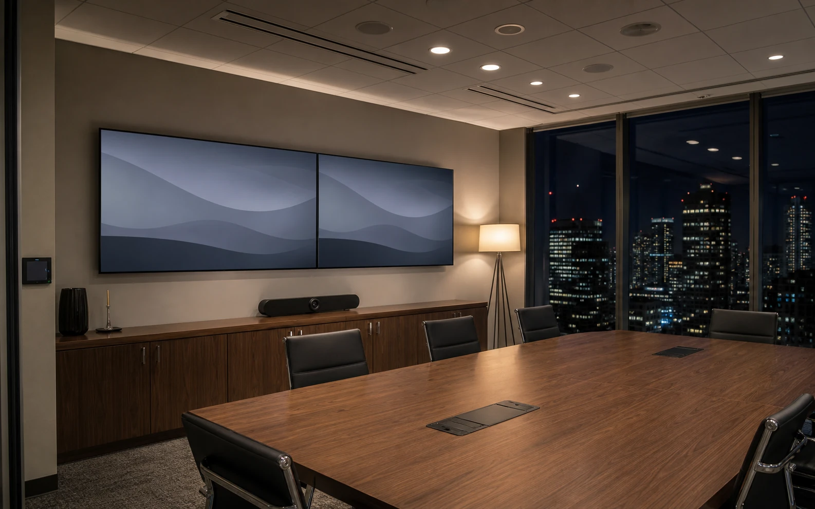 Dual large commercial displays on the front wall of a Class A boardroom on Allstate Parkway in Markham with a credenza-housed video bar and a ceiling microphone array