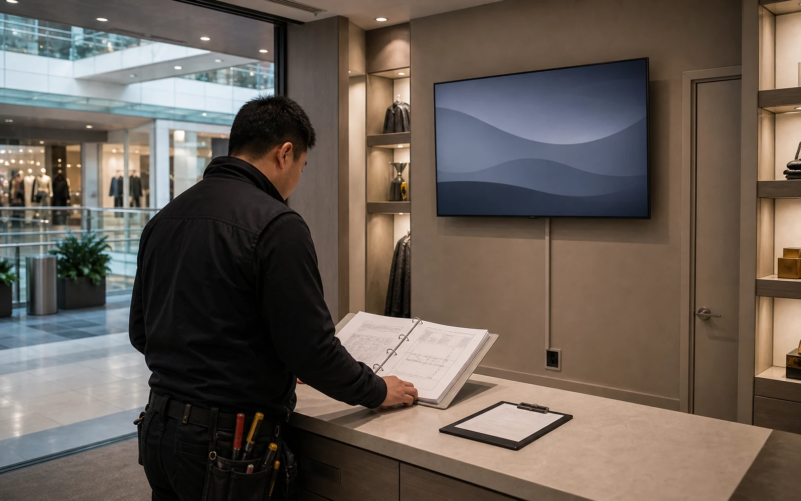 Installer reviewing a tenant-design-criteria binder beside a wall-mounted commercial display inside a CF Markville mall tenant storefront in Markham