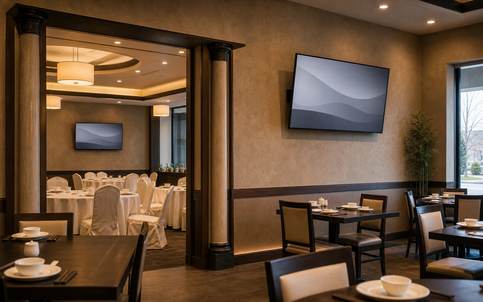 Mounted commercial display above the dining area of a Highway 7 Markham sit-down Asian restaurant with a second display visible toward the banquet room beyond a service threshold