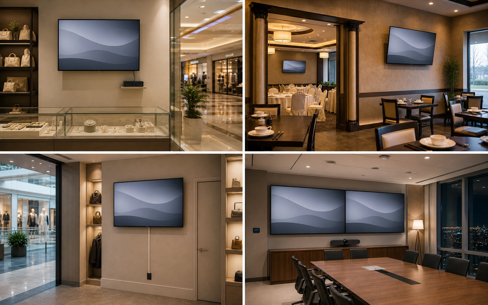 Four-up composite of commercial TV installs across Markham &mdash; a Pacific Mall storefront, a First Markham Place restaurant, a CF Markville tenant unit, and an Allstate Parkway boardroom