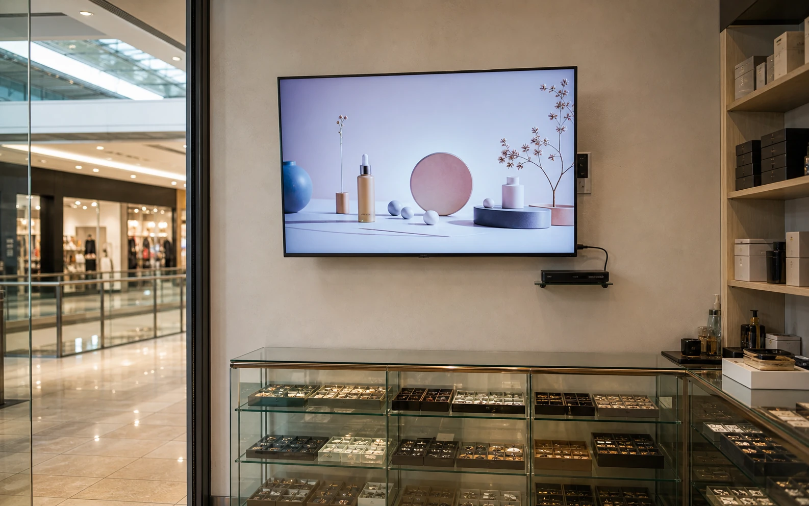 Large commercial LCD installed above the storefront counter inside a Pacific Mall condominium-owned retail unit in Markham with a small media player tucked beside the display