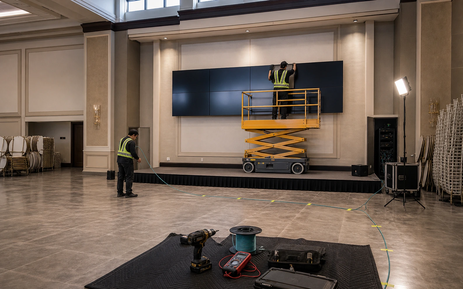 Mid-week daytime install inside a closed Mississauga banquet hall on Derry Road with installers on a scissor lift aligning a ballroom front-wall LCD video wall and tidy floor-marked cable paths through the unoccupied room