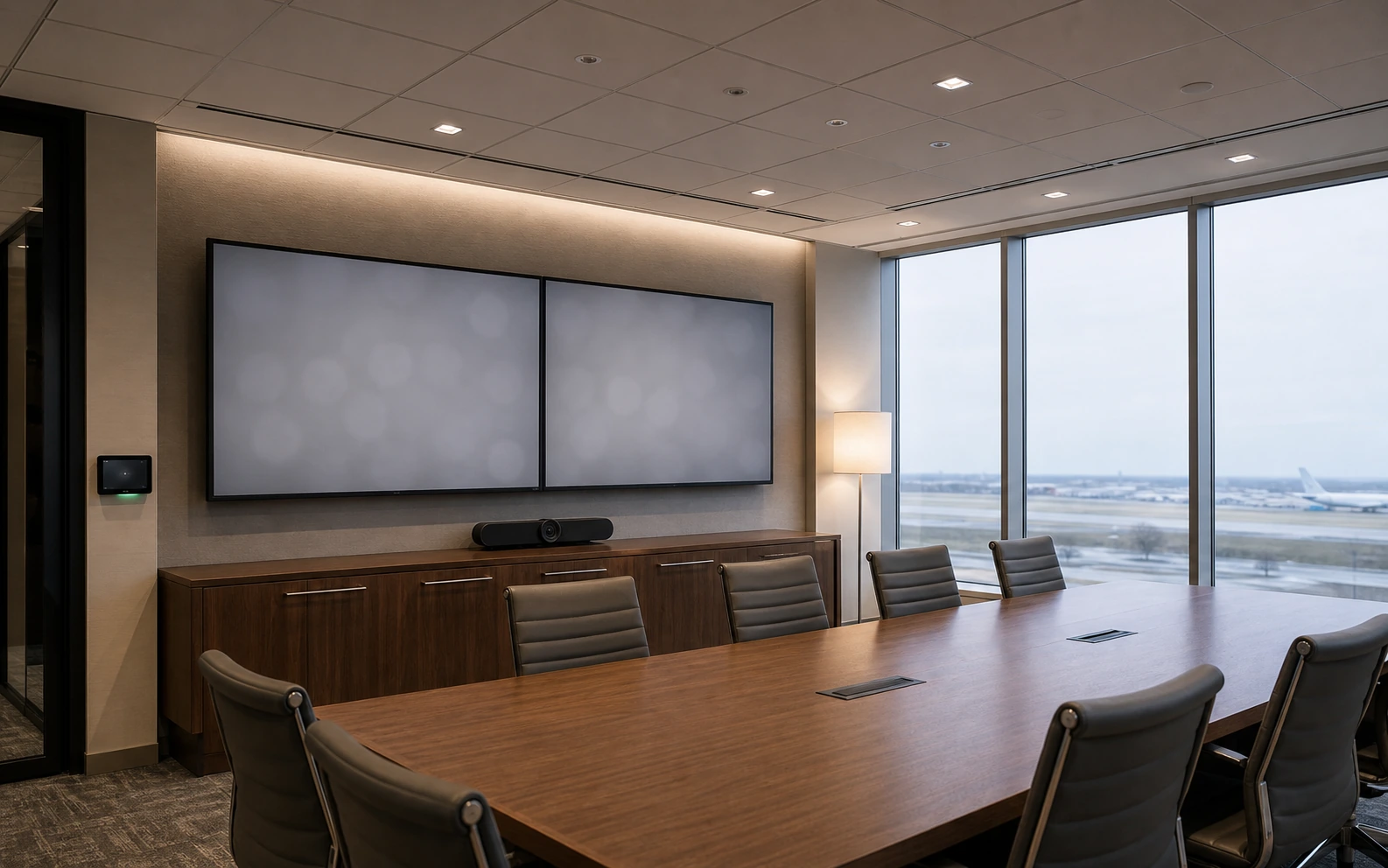 Dual large commercial displays on the front wall of a Class A boardroom at Airport Corporate Centre in Mississauga with a credenza-housed video bar, a ceiling microphone array, and an aircraft taxiway visible in the soft distant background through a window wall