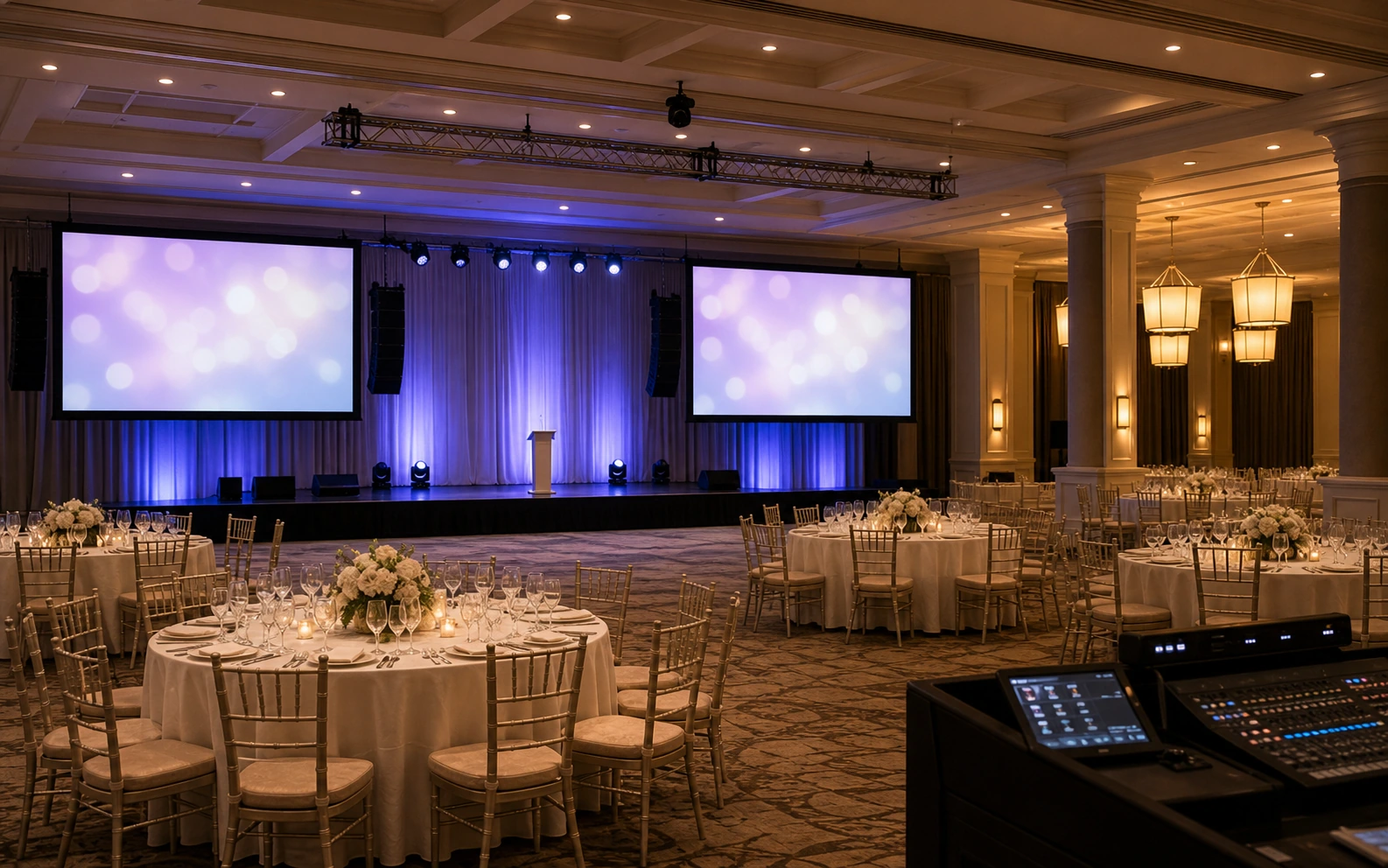 Large banquet ballroom on the Derry corridor in Mississauga set for a wedding reception with a dual 16:9 projection front wall, line-array speakers flanking the stage, ceiling-mounted PTZ camera, and a discreet back-of-house AV control position