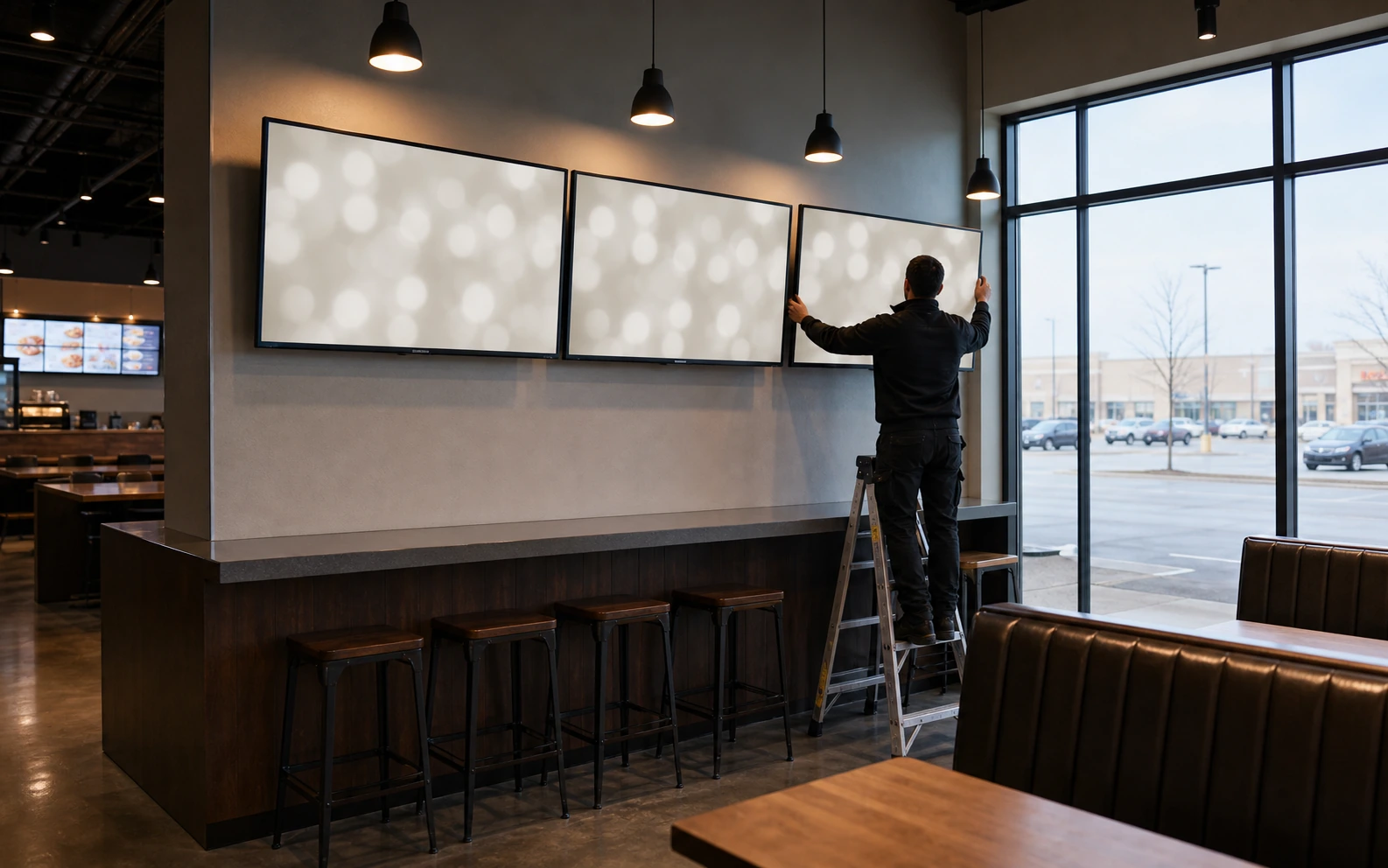 Large open-floor restaurant at Heartland Town Centre in Mississauga with a row of three mounted commercial displays above a long counter, parking-lot frontage visible through tall windows, and an installer aligning the third panel