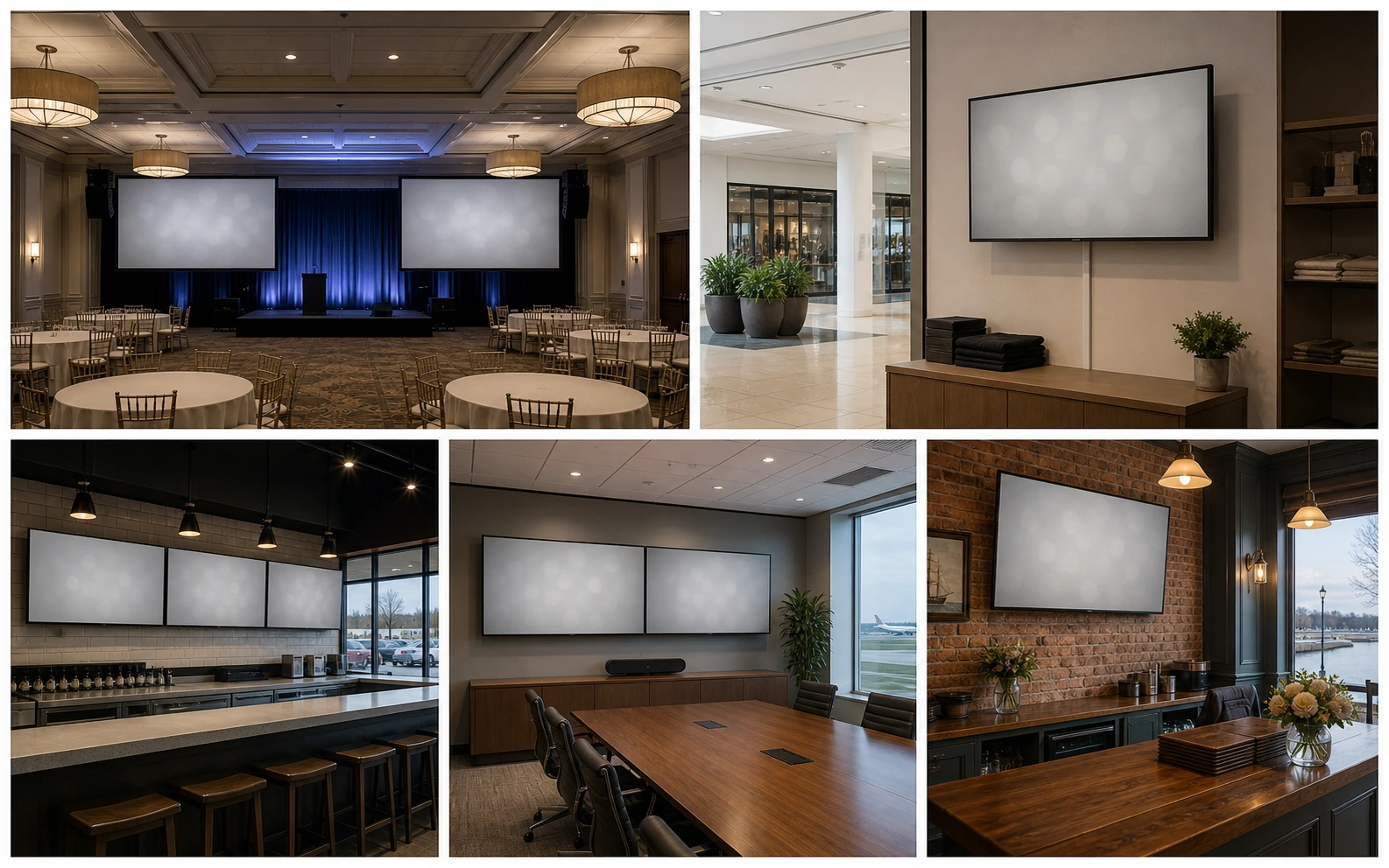 Five-up composite of commercial TV installs across Mississauga &mdash; a Derry banquet ballroom, a Square One tenant storefront, a Heartland Town Centre big-box restaurant, an Airport Corporate Centre boardroom, and a Port Credit village restaurant