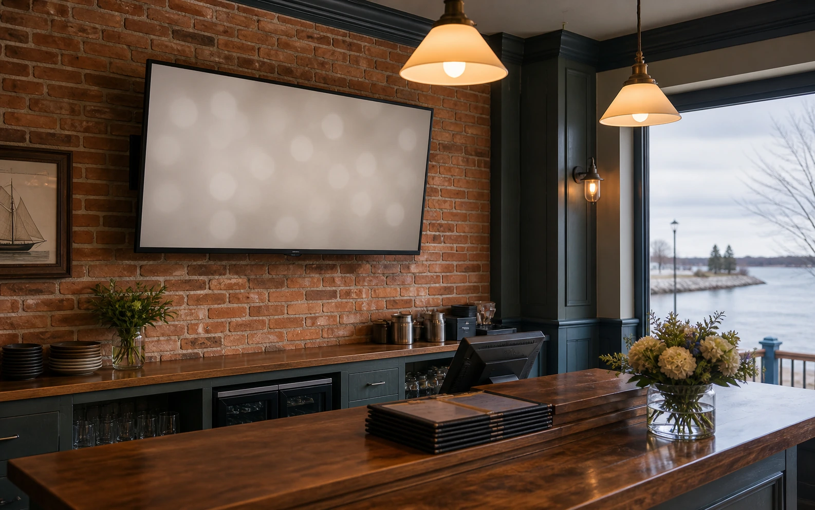 Mounted commercial display above a heritage-village restaurant counter on Lakeshore Road East in Port Credit Mississauga with original brick wall, vintage trim, and a soft Credit River outdoor light through a side window