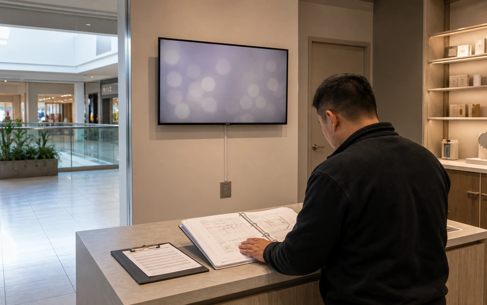 Installer reviewing an Oxford Properties tenant-coordination binder beside a wall-mounted commercial display inside a Square One Shopping Centre tenant storefront in Mississauga