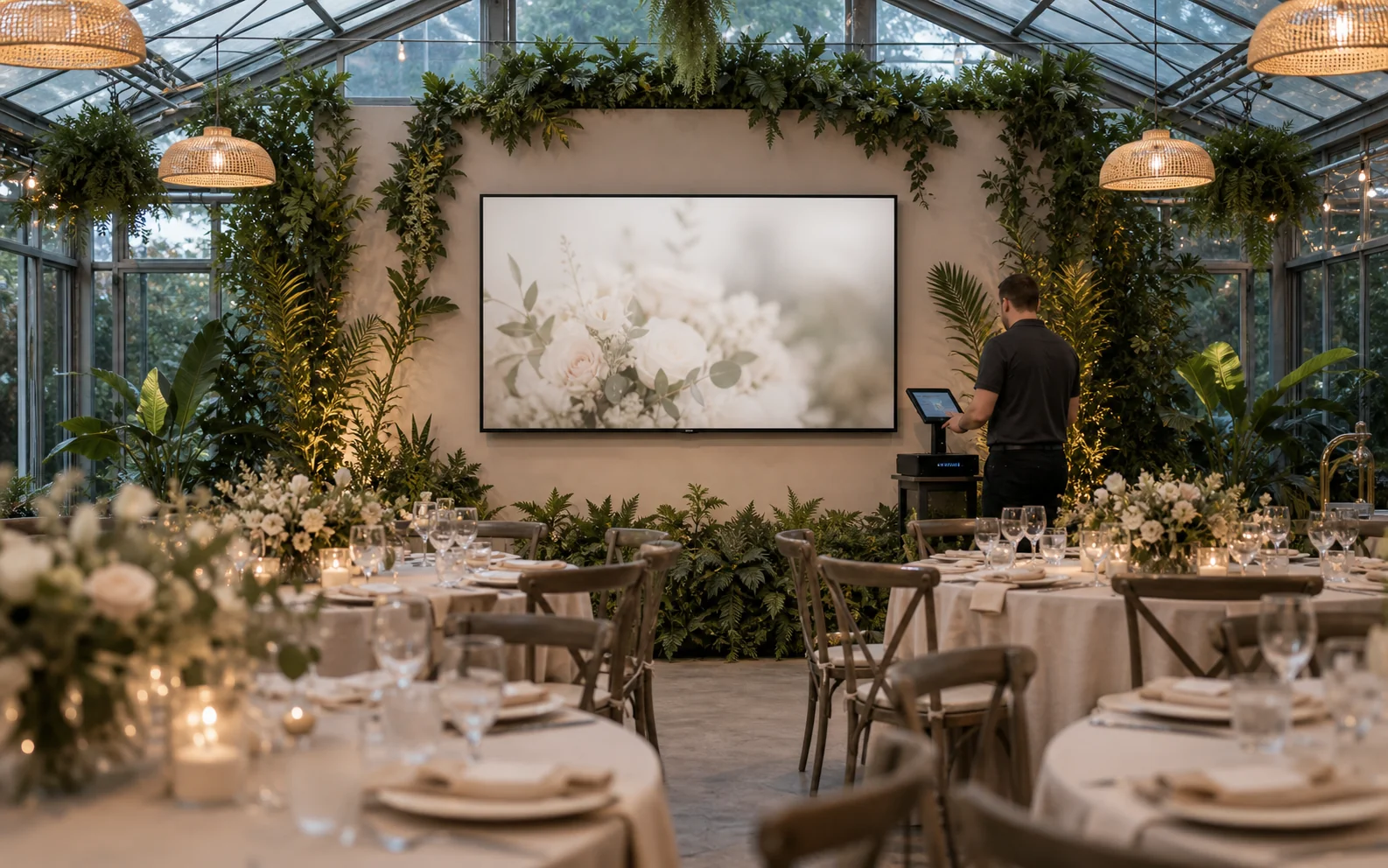 Commercial display mounted on an interior wall of a Newmarket conservatory-style banquet venue with botanical foliage and glass-roof daylight visible