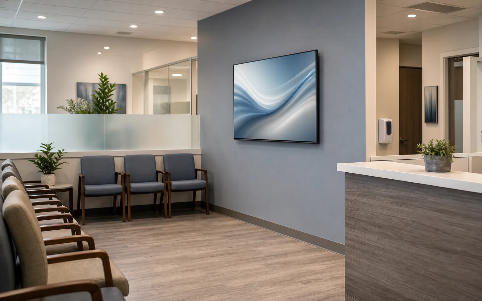 Commercial display flush-mounted in a Davis Drive Newmarket clinic waiting room with infection-control surfaces and clear sightlines from reception