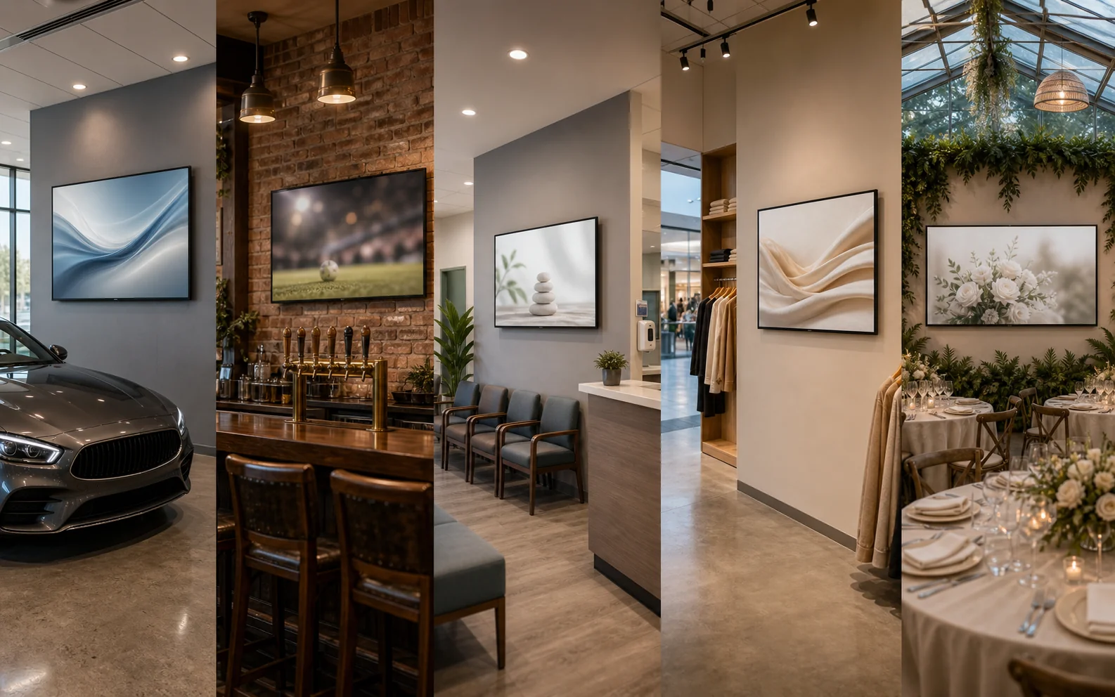 Five typical Newmarket commercial TV install scenes &mdash; Mulock dealership feature wall, Main Street pub display, Davis Drive clinic waiting room, Upper Canada Mall tenant display, and a conservatory banquet venue display