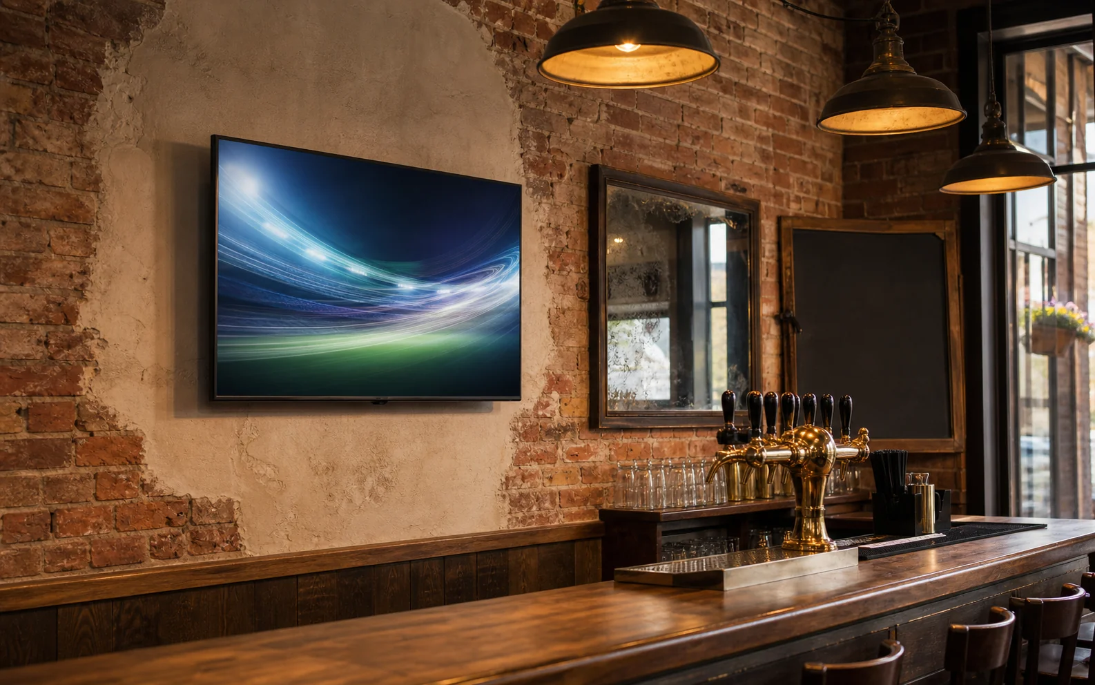 Commercial display installation on the original brick interior wall of a Main Street South Newmarket pub with wooden bar and heritage trim