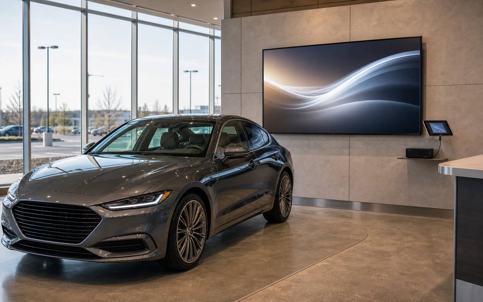 Mulock Drive dealership video wall installer Newmarket &mdash; large commercial LCD feature wall above a luxury vehicle on the showroom floor with afternoon glazing visible