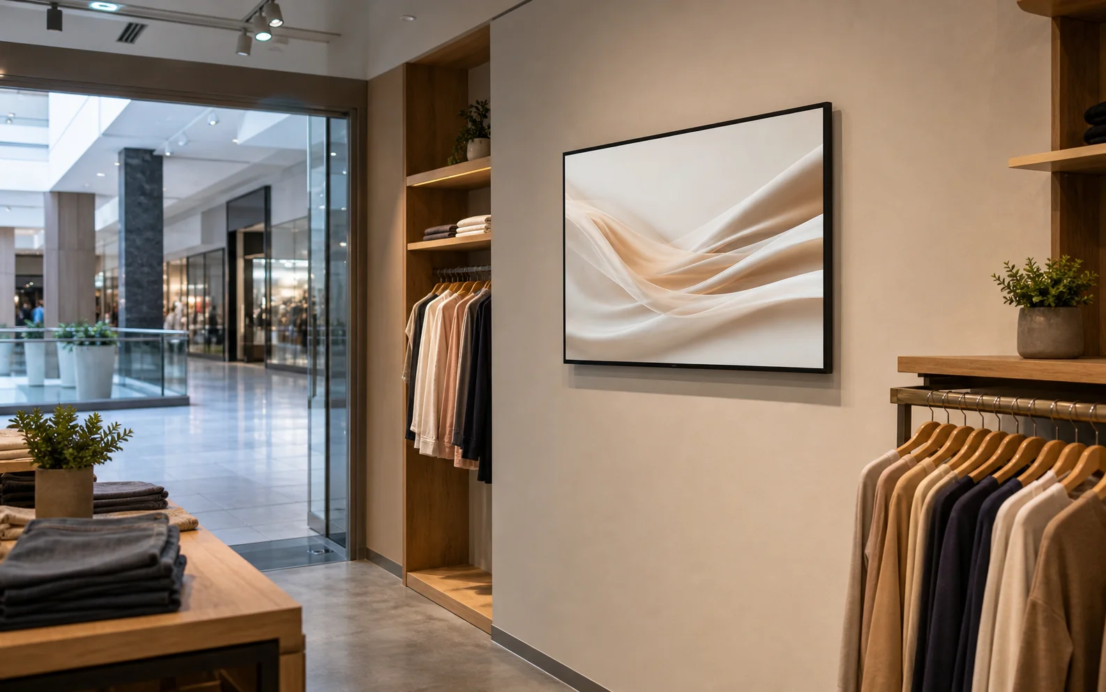 Upper Canada Mall tenant tv installer Newmarket &mdash; commercial display inside an in-line tenant unit with mall-corridor light at frame edge